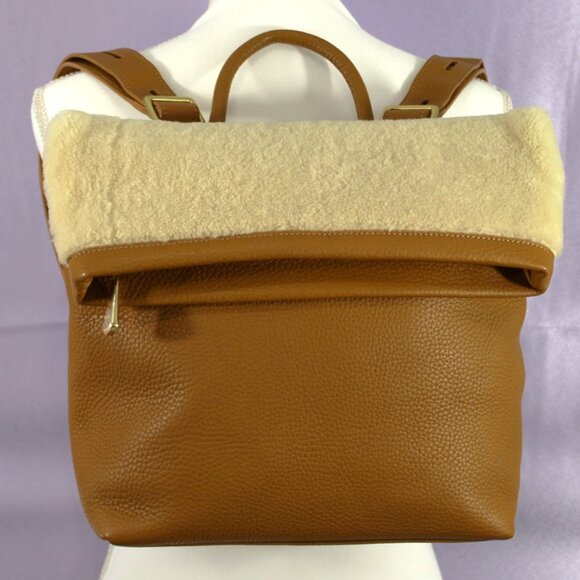 GiGi New York Foldover Backpack Tote Tan Pebbled Leather with Shearling Trim NWO - Picture 1 of 9
